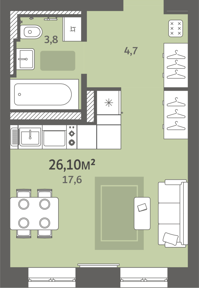 студия, 26.8 м² 1
